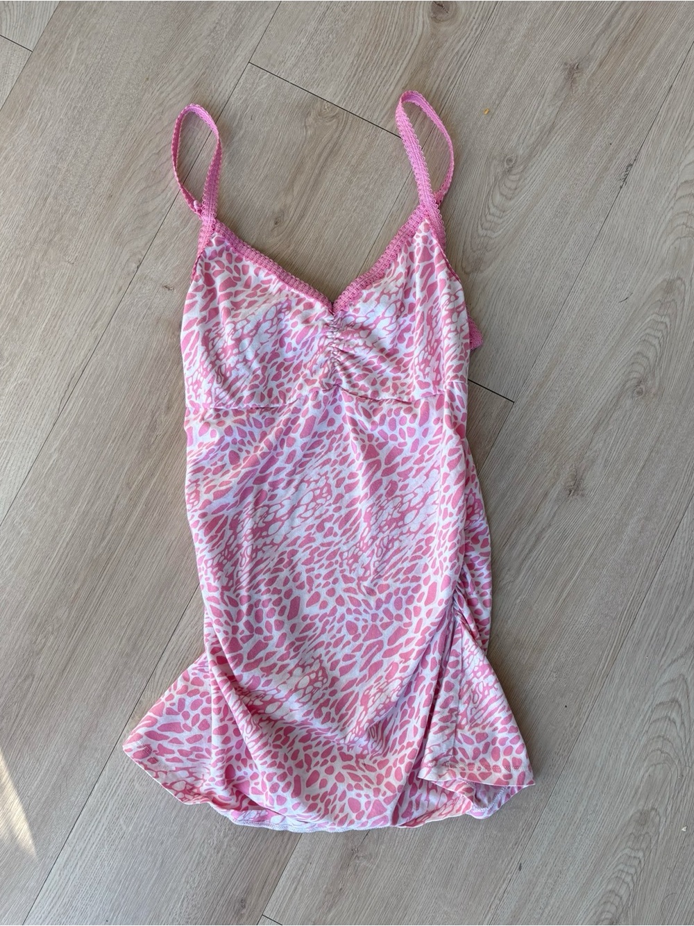 pink leopard print y2k mini dress or long tank top, ruched details (y2k Express)